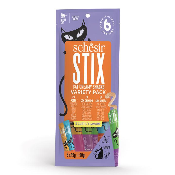 SCHESIR Poslastica za mačke Stix Creamy, Pačetina, piletina i losos, 6x15g