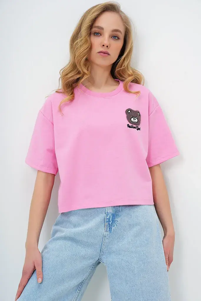Trend Alacati Stili Ženska majica kratkih rukava Alc-X13675, Okrugli izrez, Roze