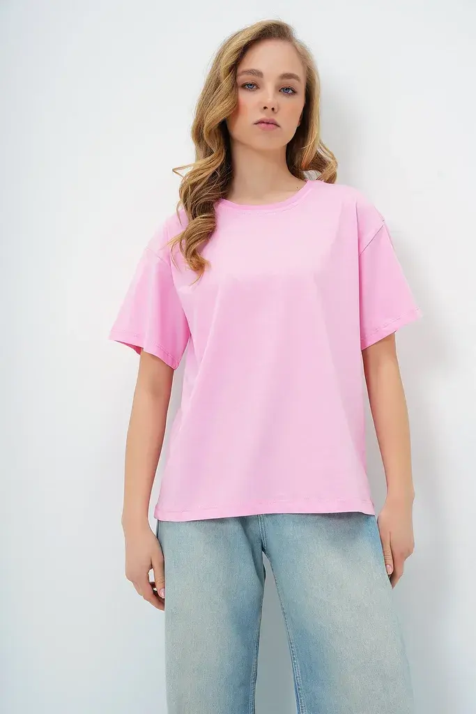 Trend Alacati Stili Ženska majica kratkih rukava Alc-X13684, Okrugli izrez, Roze