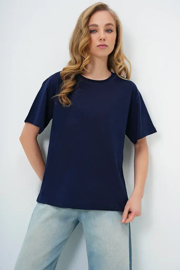 Trend Alacati Stili Ženska majica kratkih rukava Alc-X13684, Okrugli izrez, Teget