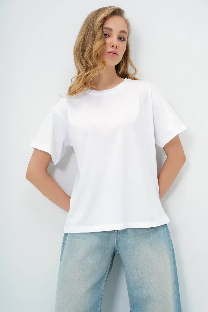 Trend Alacati Stili Ženska majica kratkih rukava Alc-X13684, Okrugli izrez, Bela