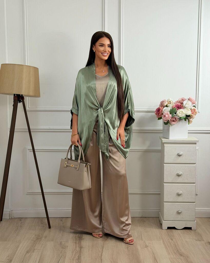 Squareonline Ženski kardigan Olive Satin Tie Chic, Svetlozeleni