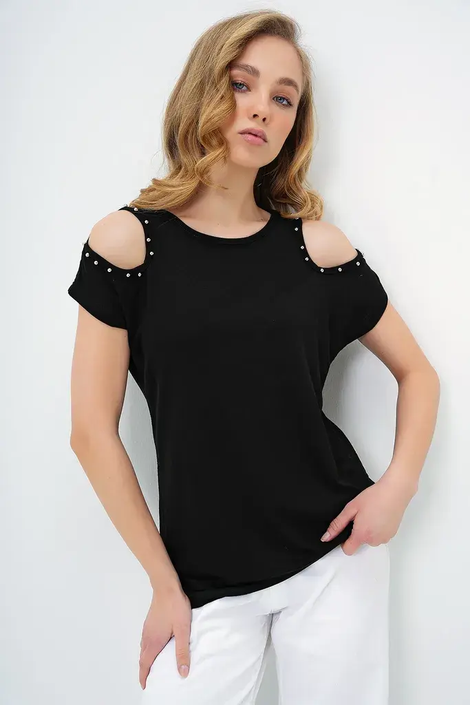 Trend Alacati Stili Ženska majica kratkih rukava Alc-X13682, Okrugli izrez, Crna