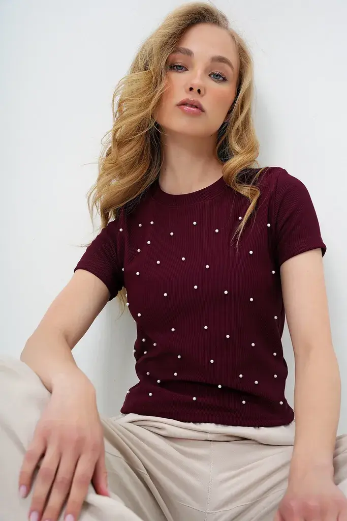 Trend Alacati Stili Ženska bluza kratkih rukava Alc-X13918, Okrugli izrez, Bordo