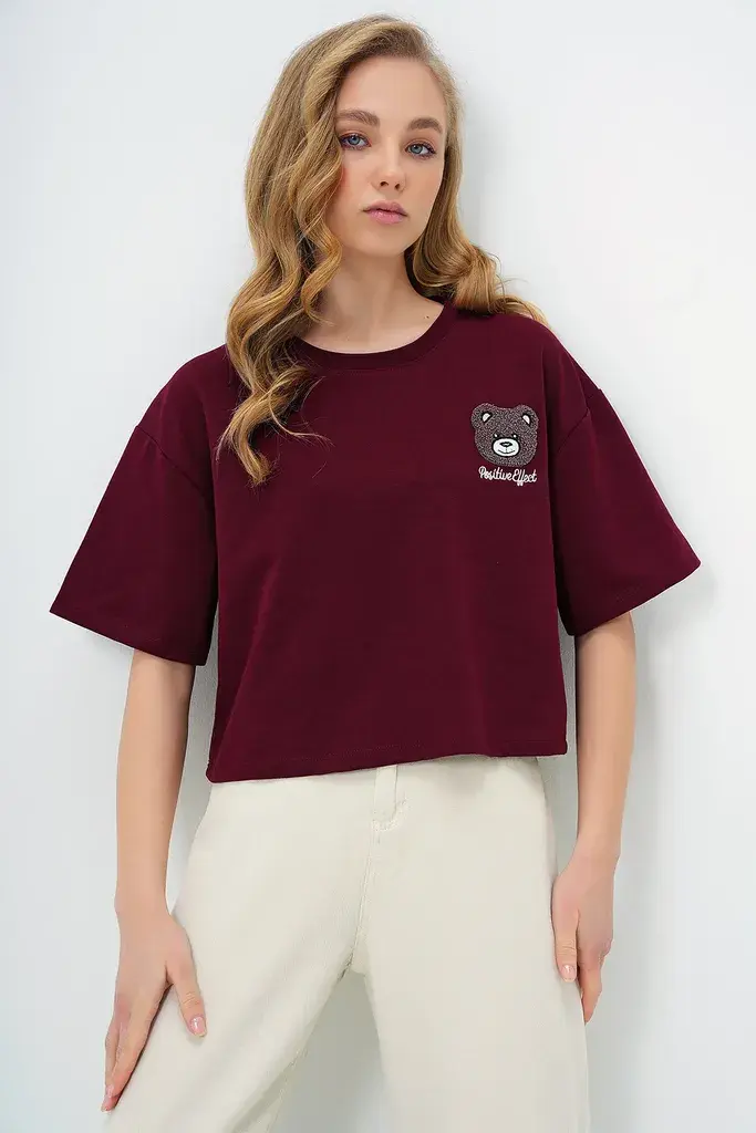 Trend Alacati Stili Ženska majica kratkih rukava Alc-X13675, Okrugli izrez, Bordo