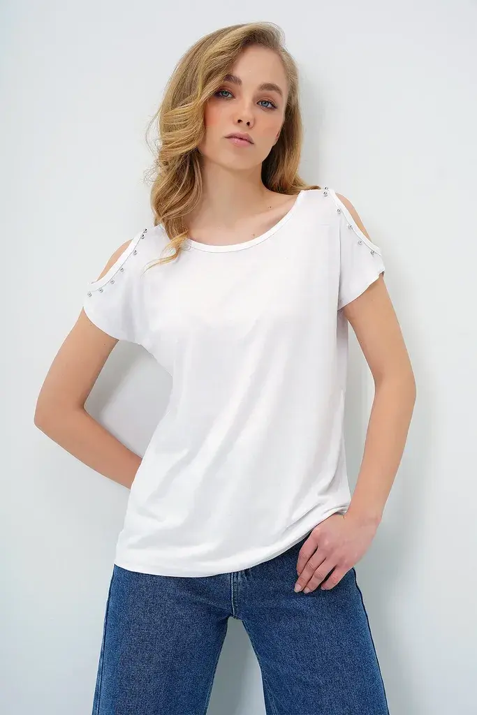 Trend Alacati Stili Ženska majica kratkih rukava Alc-X13682, Okrugli izrez, Bela
