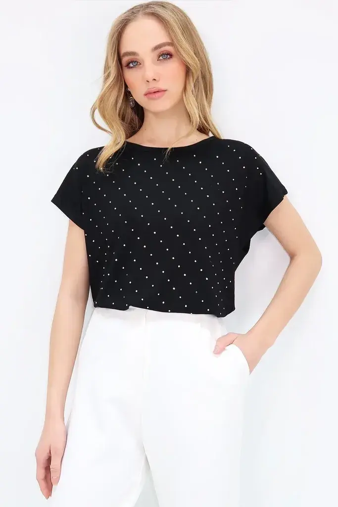 Trend Alacati Stili Ženska majica kratkih rukava Alc-X13541, Okrugli izrez, Crna