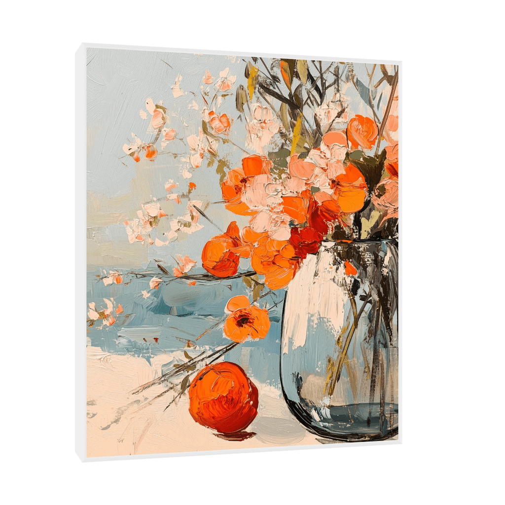 Canvas Slika na platnu Narandžasto cveće u vazi, Sa ramom, 60 x 75 cm, Beli