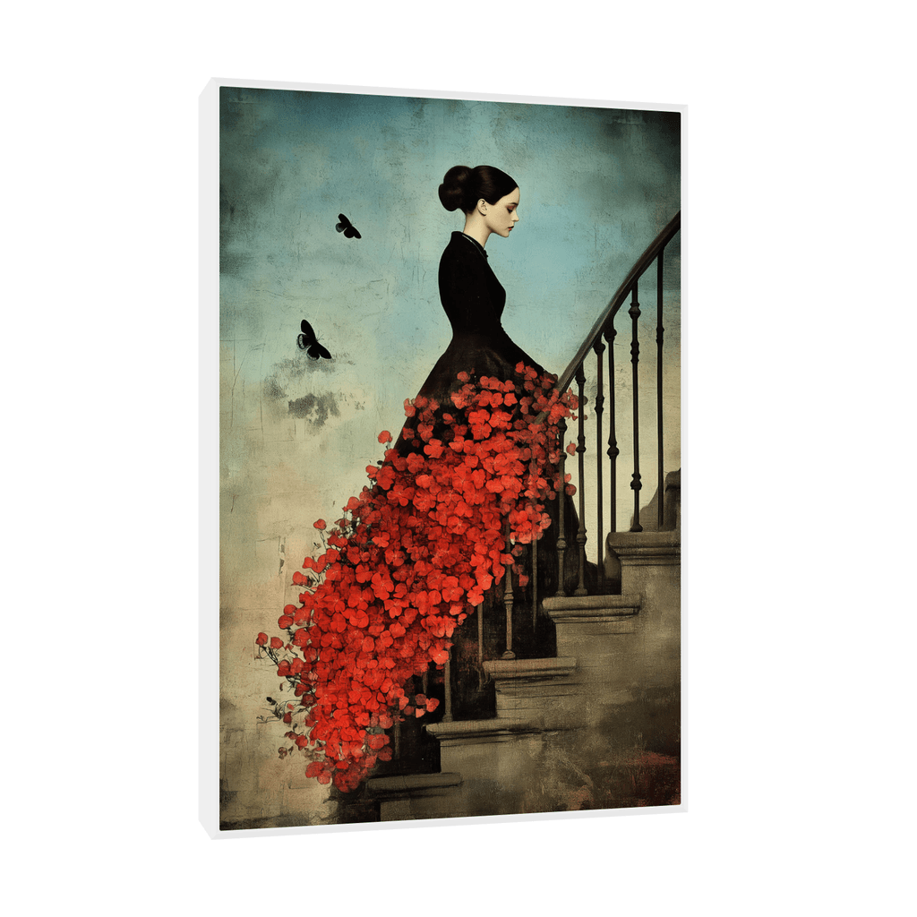 Canvas Slika na platnu Devojka na stepenicama sa crvenim ružama, 50x75cm, Sa ramom, Beli