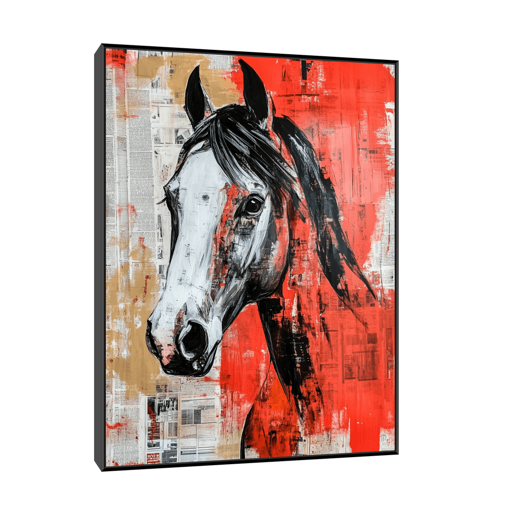 Canvas Slika na platnu Konj na crvenoj pozadini, Sa ramom, 60 x 80  cm, Crni