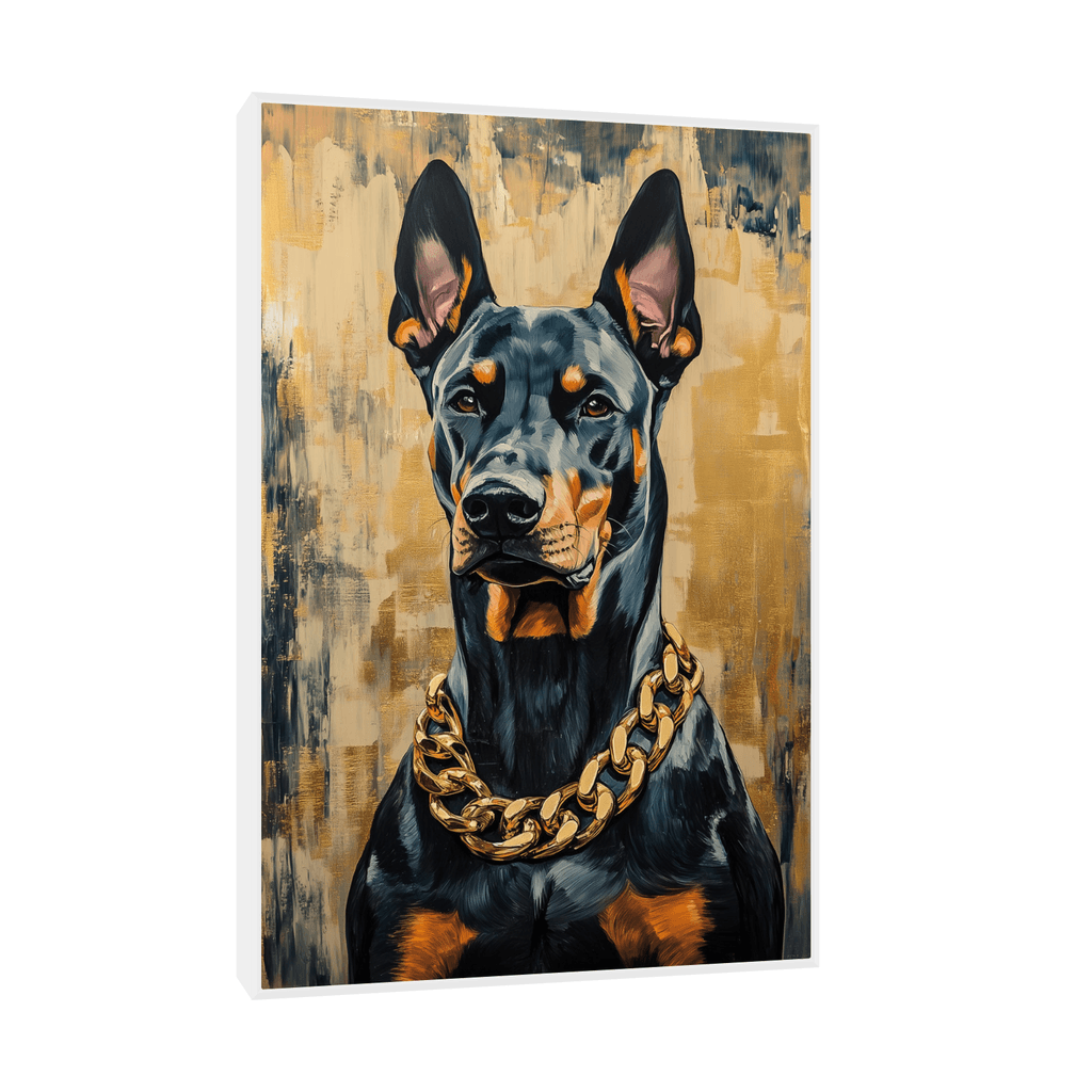 Canvas Slika na platnu Doberman sa zlatnim lancem 30x45cm, Sa ramom, Beli