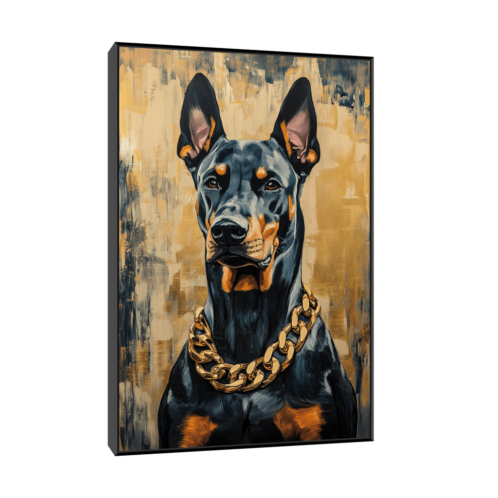 Canvas Slika na platnu Doberman sa zlatnim lancem 30x45cm, Sa ramom, Crni