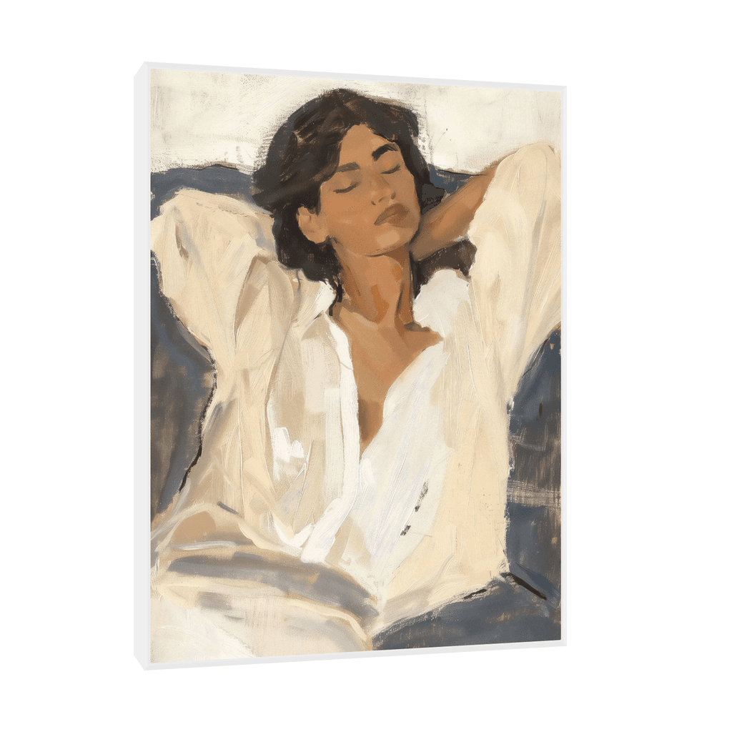 Canvas Slika na platnu Devojka odmara na terasi, Sa ramom, 90 x 120  cm, Beli