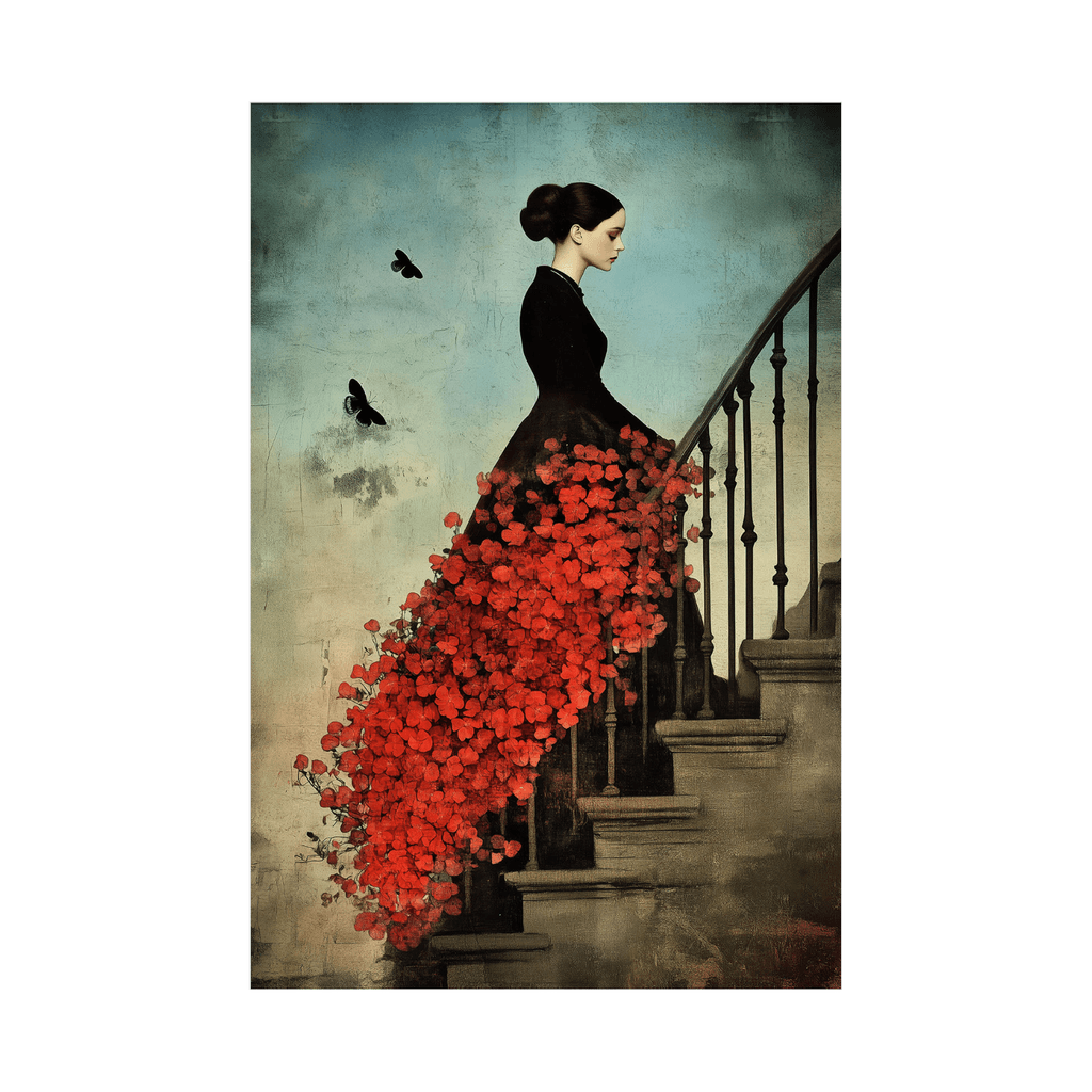 Canvas Slika na platnu Devojka na stepenicama sa crvenim ružama, 100x150cm