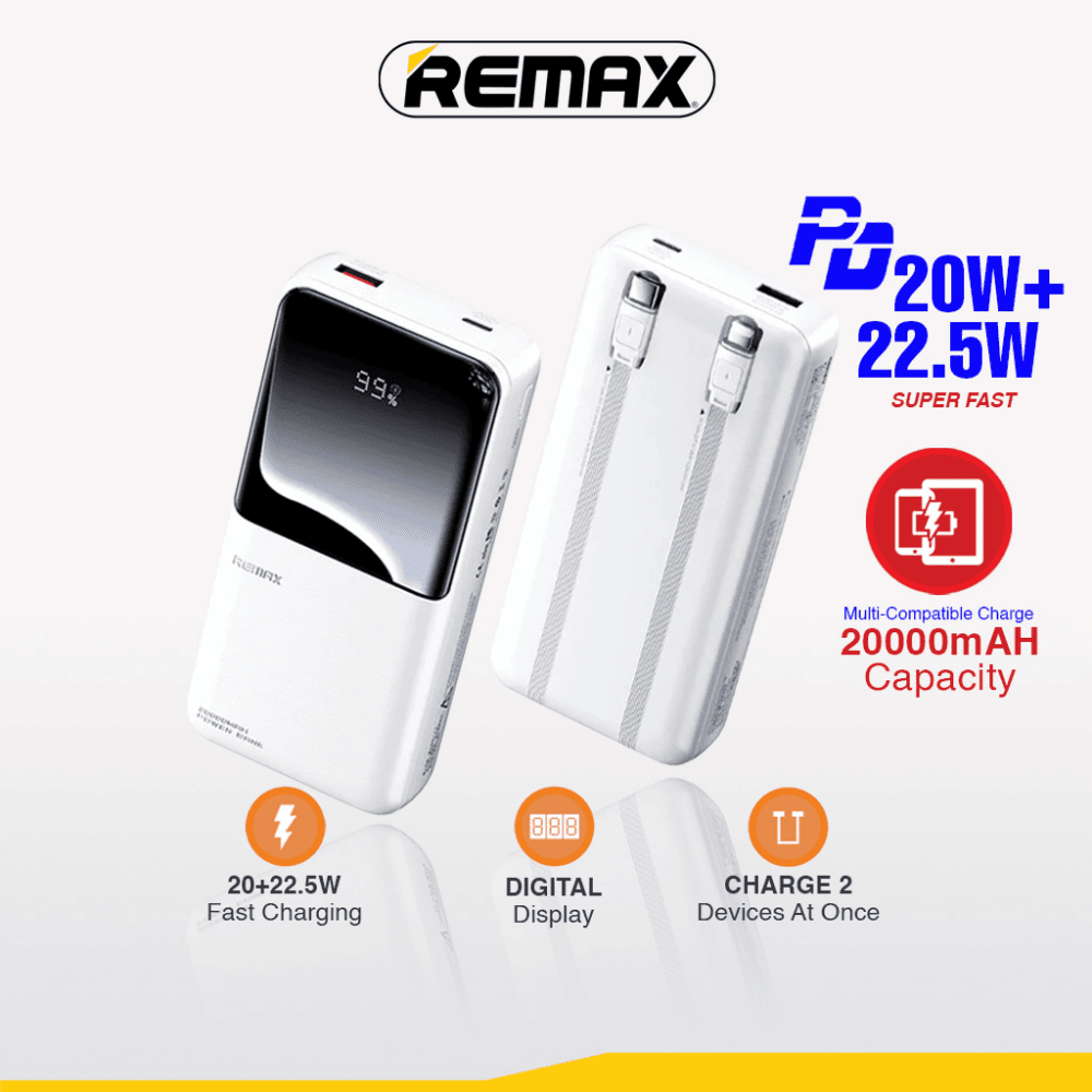 Power Bank with 2 Fast Charging Cables REMAX Cynlle Series RPP-680 PD 20W+QC 22.5W 20000mAh , Bela