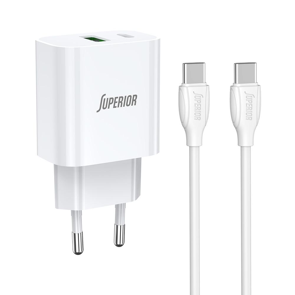 Kućni Punjač SU-P102 20W Super Fast USB A QC3.0+Type C Lightning kablom, Beli