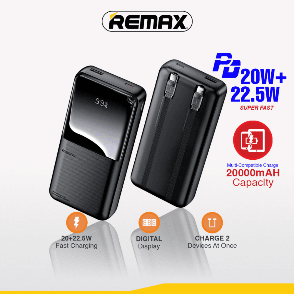 Power Bank with 2 Fast Charging Cables REMAX Cynlle Series RPP-680 PD 20W+QC 22.5W 20000mAh , Crna