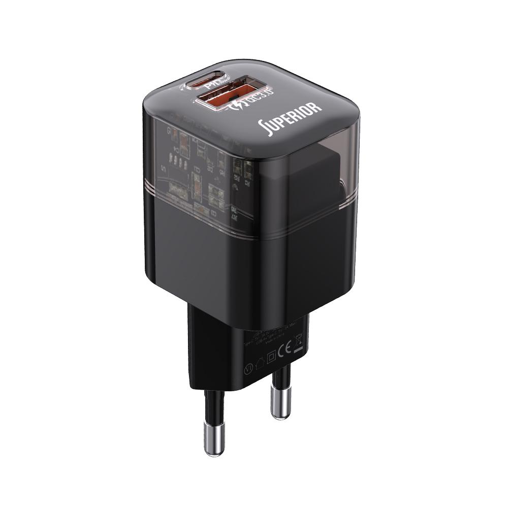 SUPERIOR Kućište punjača SU-P105 30W Super Fast USB A QC3.0+Type C, Crno