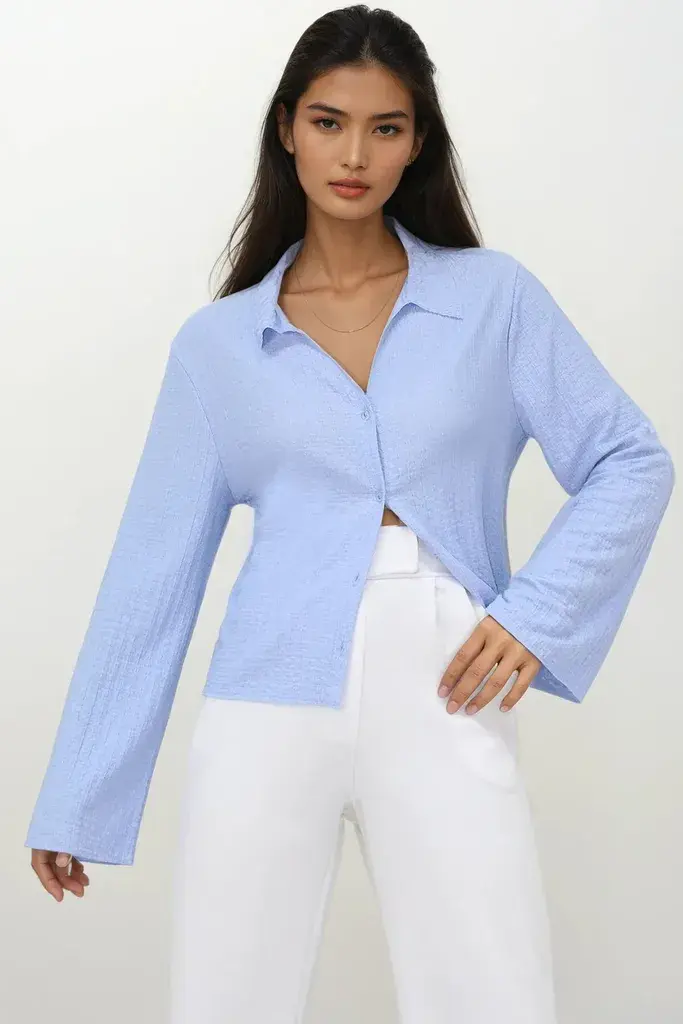 Trend Alacati Stili Ženska košulja dugih rukava Alc-X13459, Polo kragna, Plava
