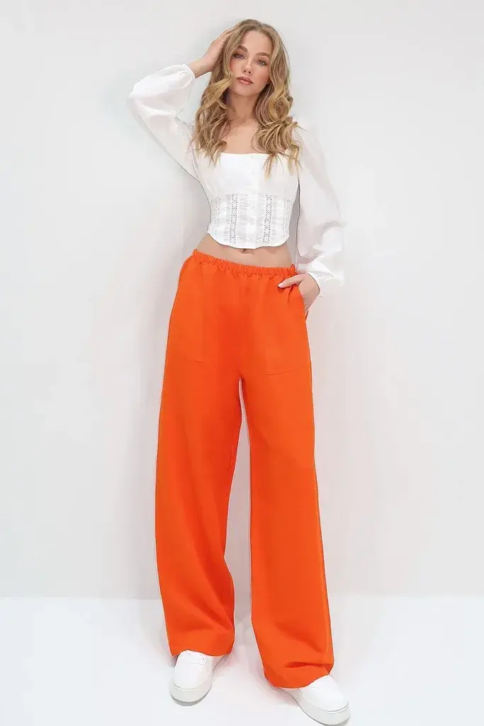 Trend Alacati Stili Ženske pantalone Alc-X13768, Široke nogavice, Narandžaste