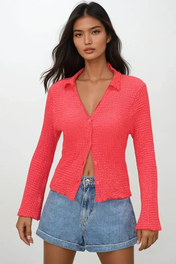 Trend Alacati Stili Ženska košulja dugih rukava Alc-X13459, Polo kragna, Koralna