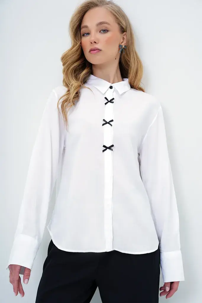 Trend Alacati Stili Ženska košulja dugih rukava Alc-X13880, Polo kragna, Bela