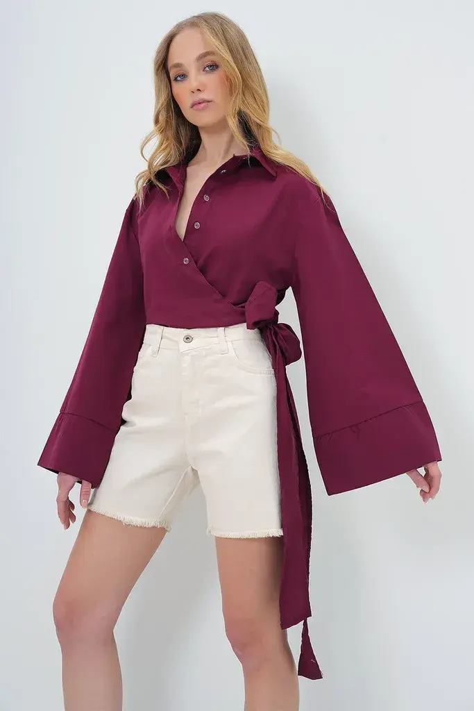 Trend Alacati Stili Ženska košulja dugih rukava Alc-X13750, Polo kragna, Bordo