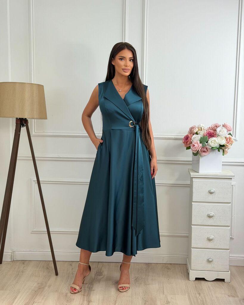 Squareonline Ženska haljina Petrol Satin Elegance, Petrolej