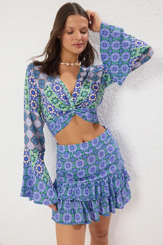 Trendyol Milla Ženski komplet bluza i suknja Tbess25Au00031, Plavi