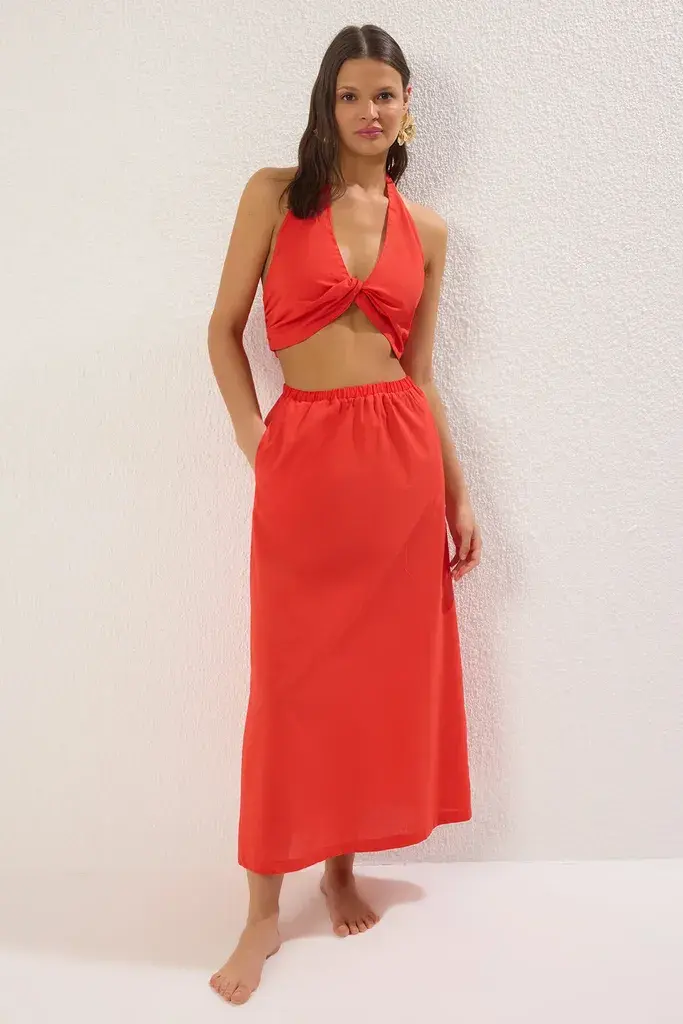 Trendyol Milla Ženski komplet bluza i suknja Tbess25Au00070, Crveni