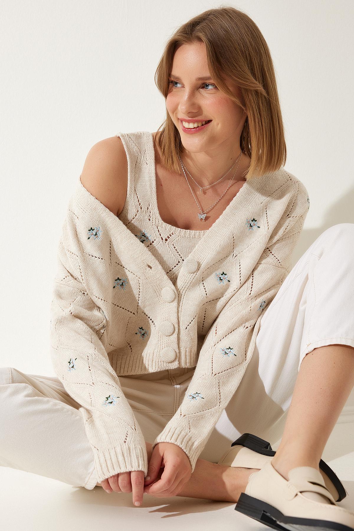 Happiness Istanbul Komplet ženski kardigan i top, Krem