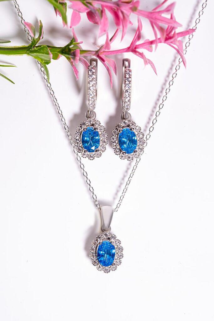 Dunipa Srebrni set Minđuše i ogrlica Victoria, Ručno rađeni, Sa plavim cirkonom