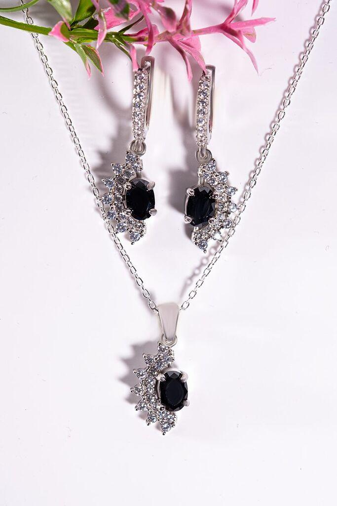 Dunipa Srebrni set Minđuše i ogrlica Stella, Ručno rađeni, Sa crnim cirkonom