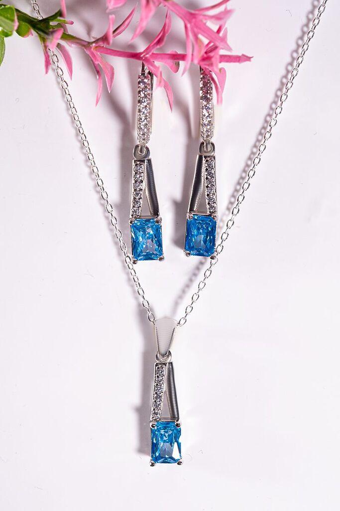 Dunipa Srebrni set Minđuše i ogrlica Celestia, Ručno rađeni, Sa plavim cirkonom