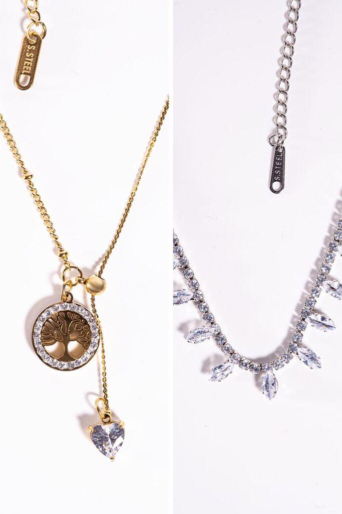 Dunipa Set ogrlica Drvo života i kristalni listovi, 2 komada, Srebrno-zlatne boje