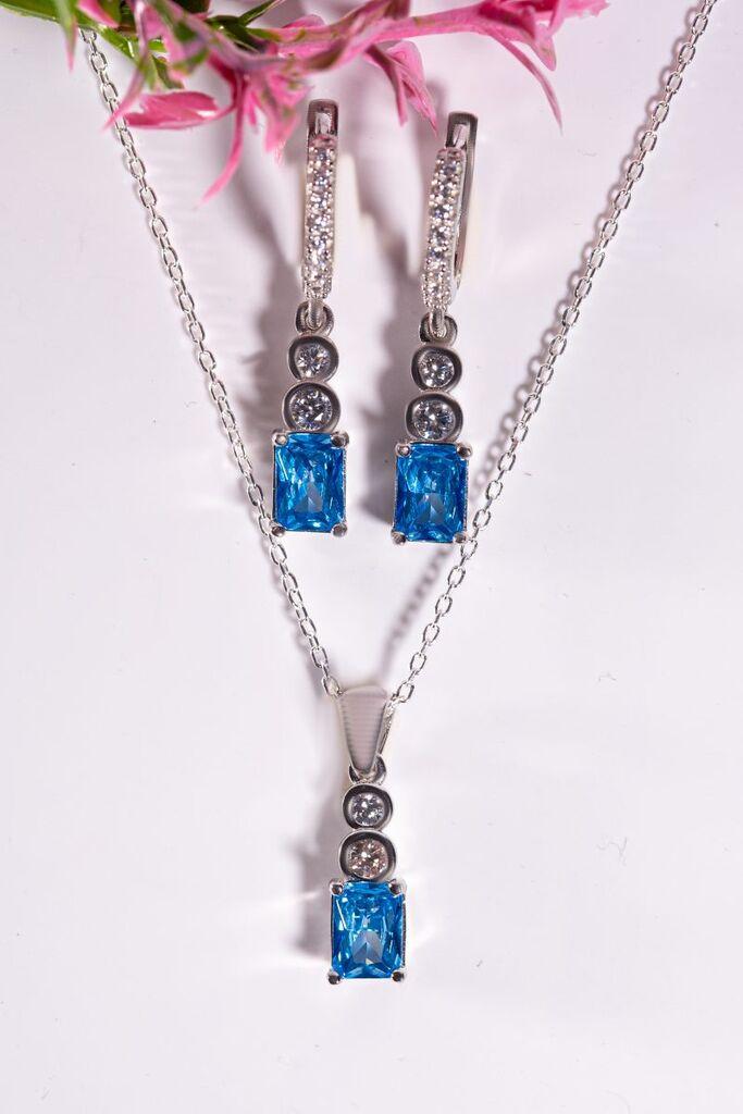 Dunipa Srebrni set Minđuše i ogrlica Linea, Ručno rađeni, Sa plavim cirkonom