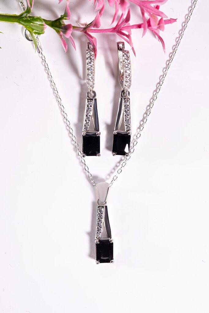 Dunipa Srebrni set Minđuše i ogrlica Celestia, Ručno rađeni, Sa crnim cirkonom