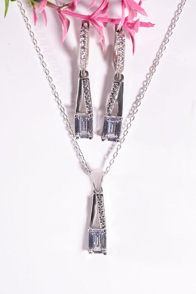 Dunipa Srebrni set Minđuše i ogrlica Celestia, Ručno rađeni, Sa bezbojnim cirkonom