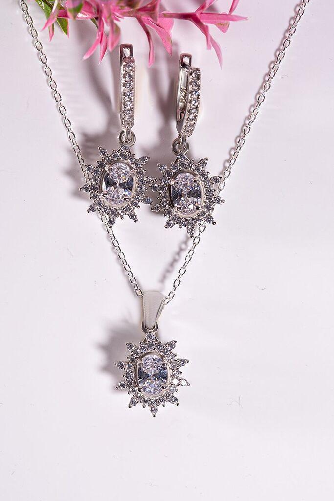 Dunipa Srebrni set Minđuše i ogrlica Solara, Ručno rađeni, Sa bezbojnim cirkonom