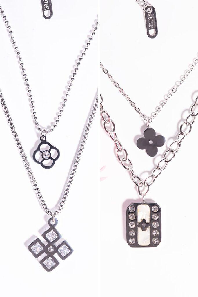 Dunipa Set ogrlica sa cvetom, geometrijskim kvadratom i pravougaonim priveskom sa kristalima, 2 komada, Srebrne boje