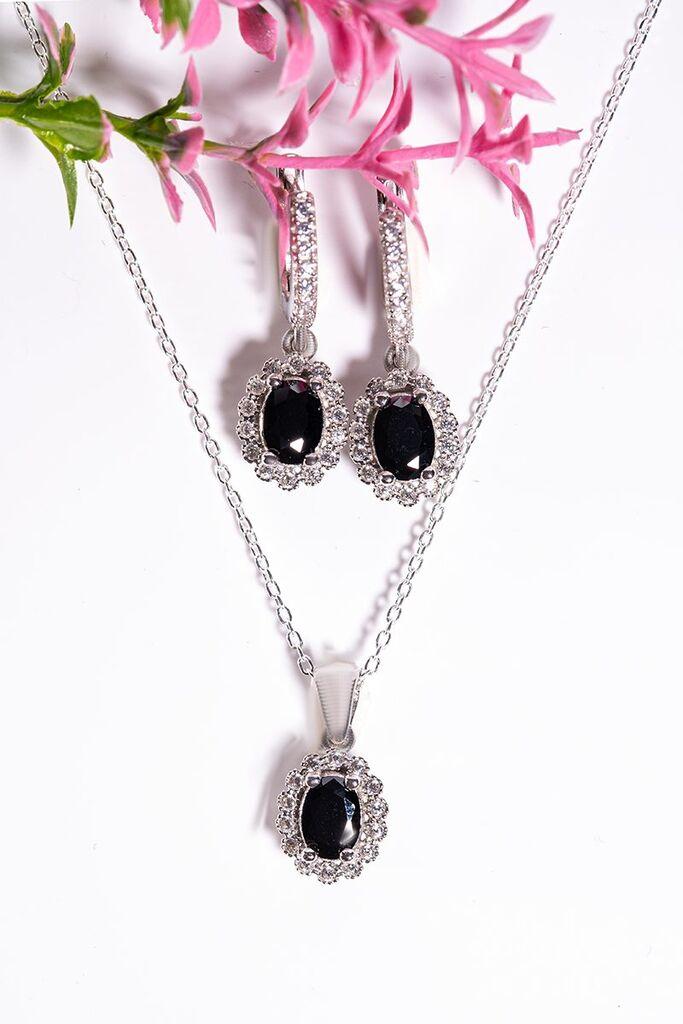 Dunipa Srebrni set Minđuše i ogrlica Victoria, Ručno rađeni, Sa crnim cirkonom