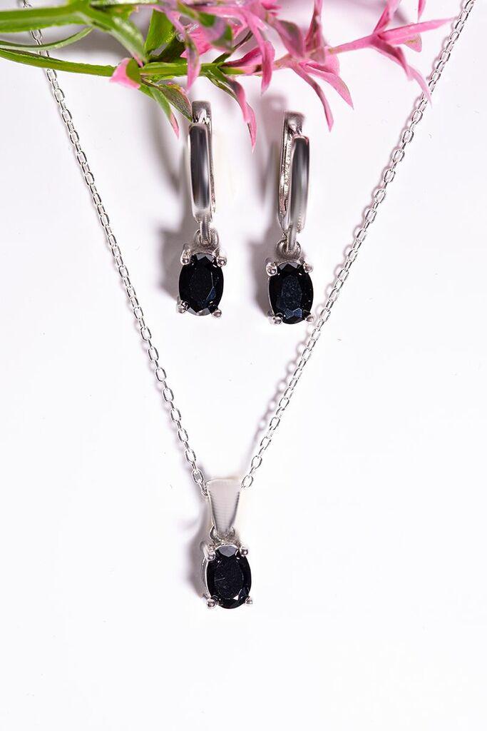Dunipa Srebrni set Minđuše i ogrlica Luna, Ručno rađeni, Sa crnim cirkonom