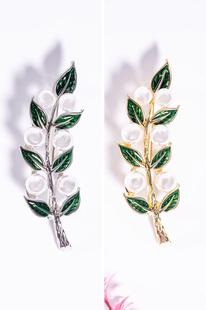 Dunipa Set broševa od nerđajućeg čelika Listovi i biseri, 2 komada, Zlatno-srebrne boje