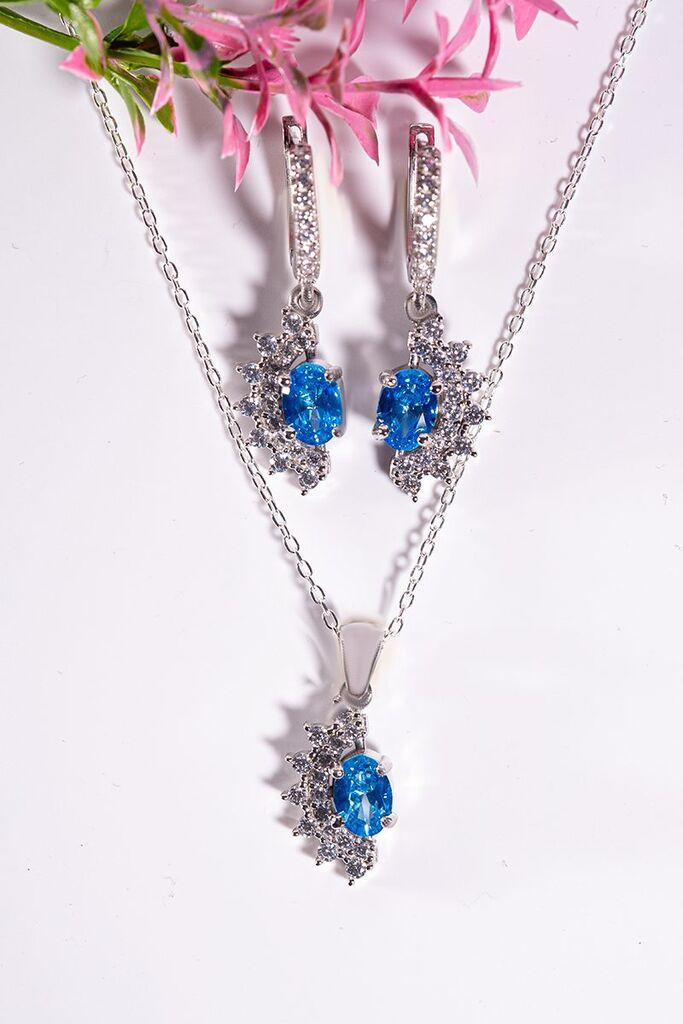 Dunipa Srebrni set Minđuše i ogrlica Stella, Ručno rađeni, Sa plavim cirkonom