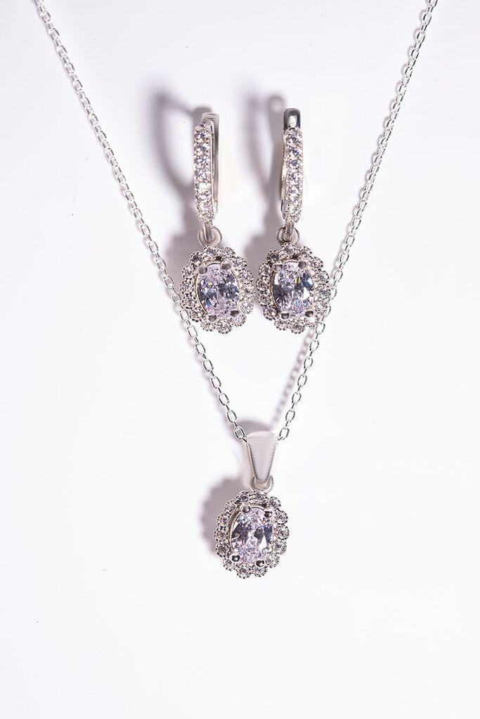 Dunipa Srebrni set Minđuše i ogrlica Victoria, Ručno rađeni, Sa bezbojnim cirkonom