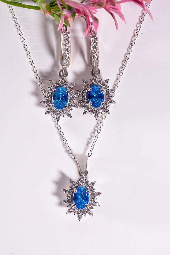 Dunipa Srebrni set Minđuše i ogrlica Solara, Ručno rađeni, Sa plavim cirkonom