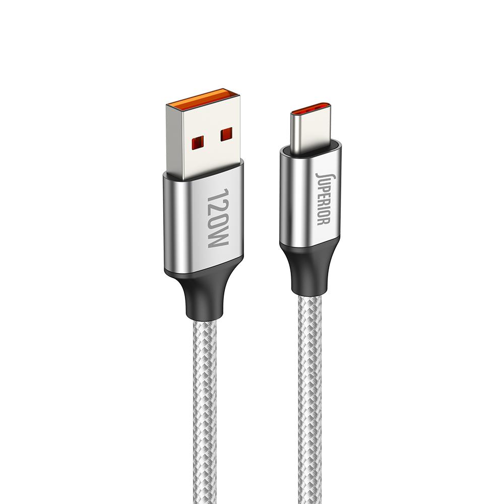 SUPERIOR USB data kabal SU-K100, Pleteni , Fast,  120W, 6A, Type C, 1m, Srebrni