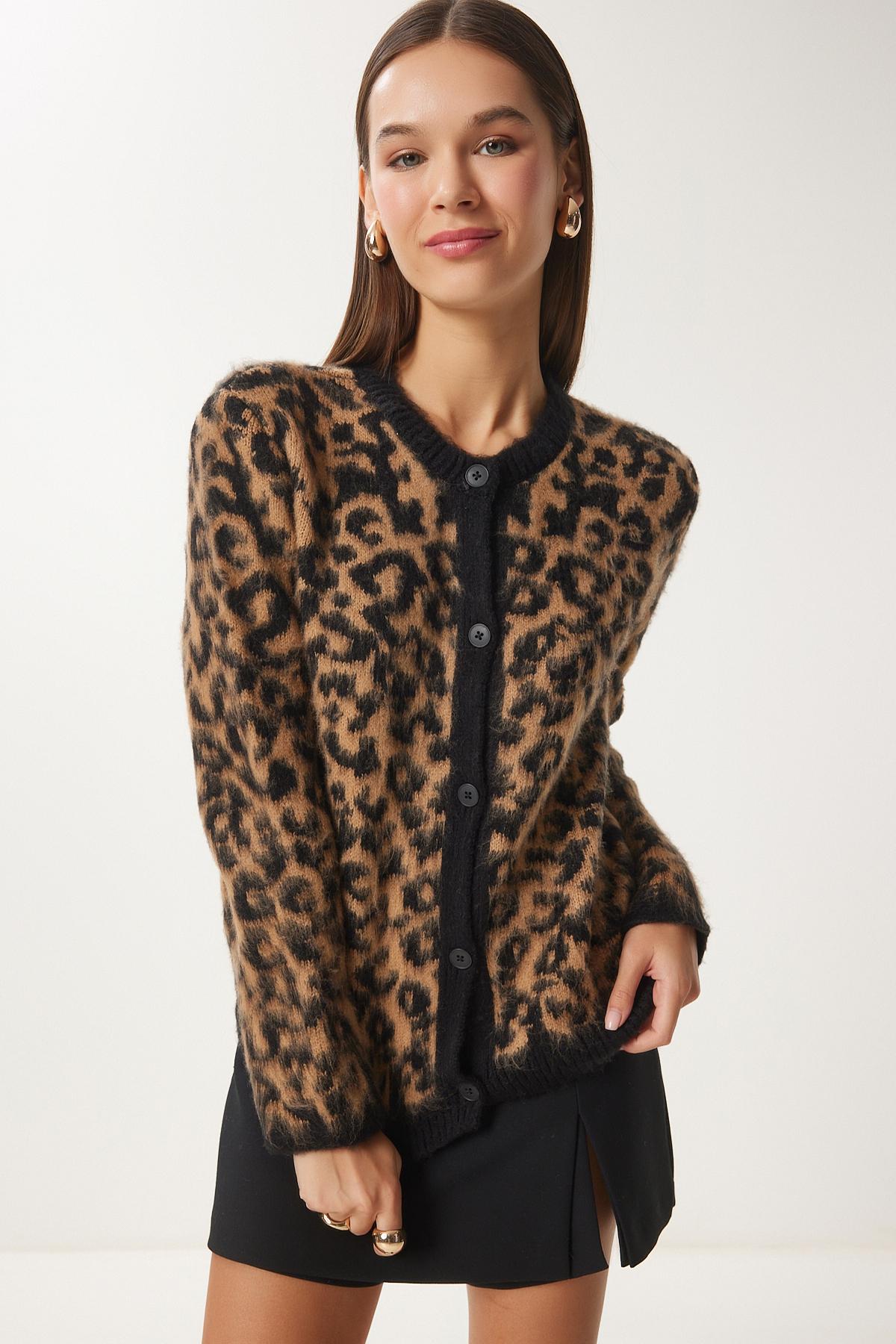 Happiness Istanbul Ženski kardigan sa leopard printom, Braon-crni