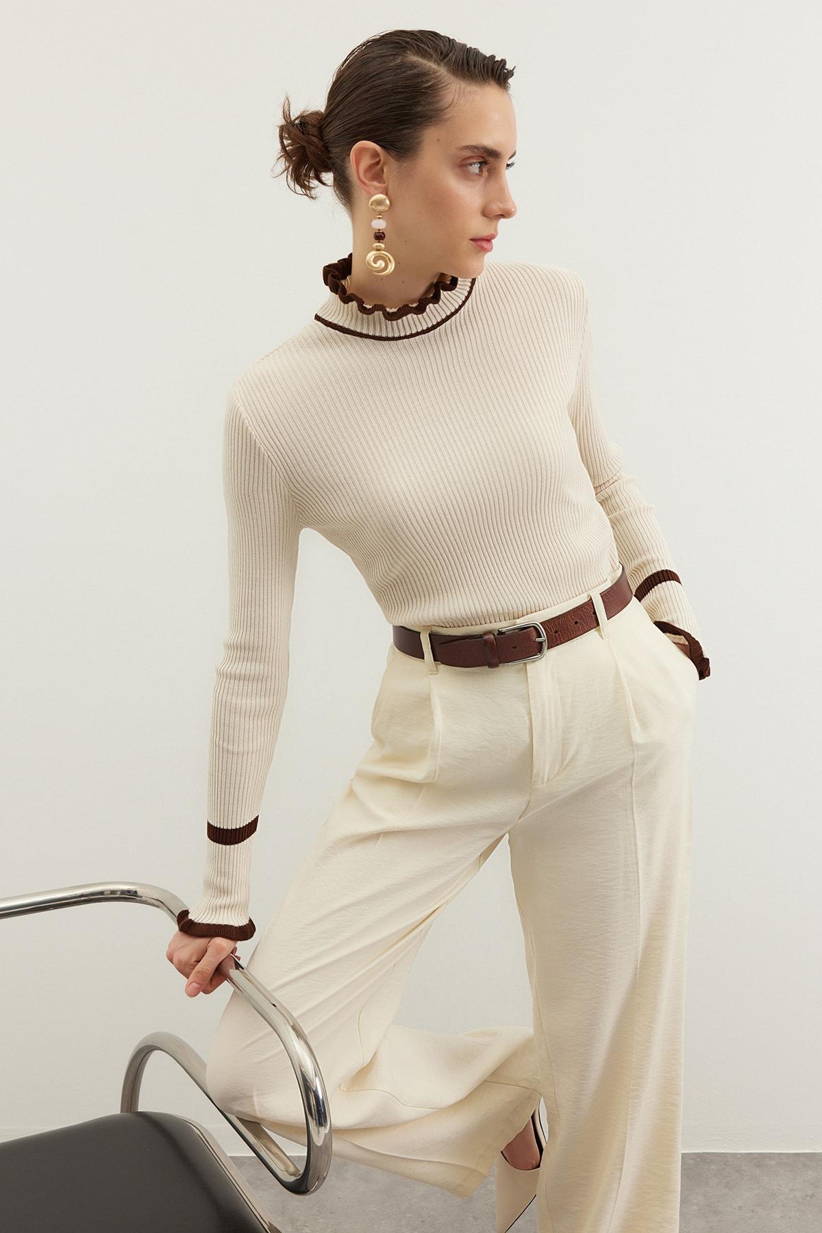 Trendyol Ženska Majica na duge rukave, Bež