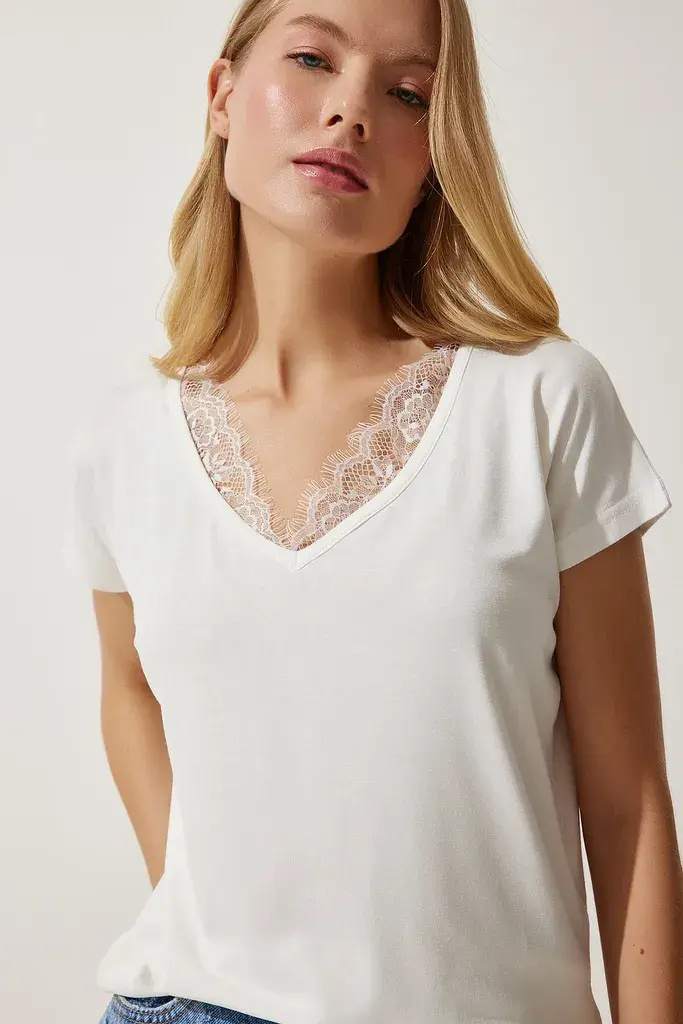 Happiness Istanbul Ženska Krem Bluza od Viskoze sa Čipkanim Detaljima EN00607, Krem / Krem